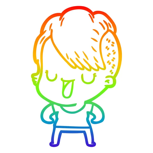 Arco-íris linha gradiente desenho bonito cartoon menina com hai hipster —  Vetores de Stock