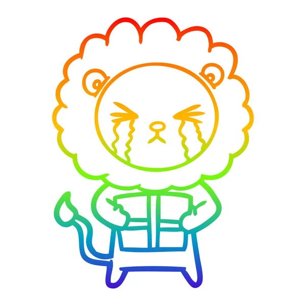 Rainbow gradient line drawing cartoon crying lion with gift — Stock Vector
