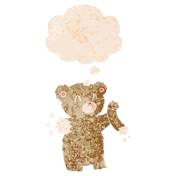 Ours en peluche dessin animé avec bras déchiré et bulle de pensée dans le tex rétro — Image vectorielle