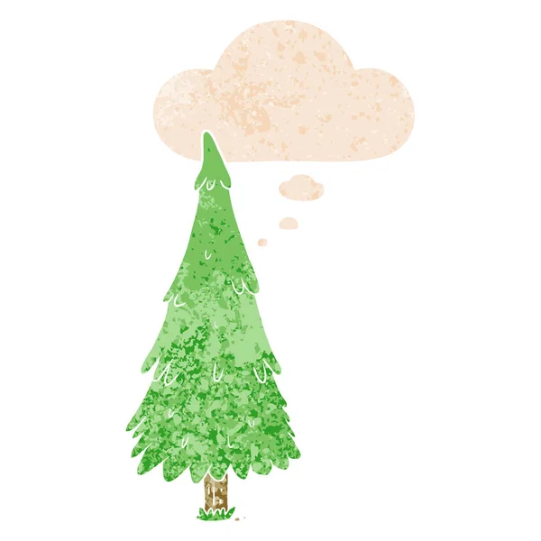 Árbol de Navidad de dibujos animados y burbuja de pensamiento en estilo de textura retro — Vector de stock