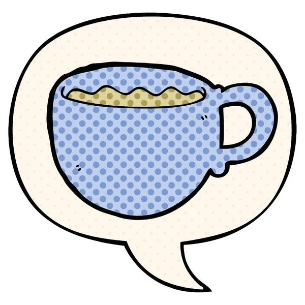 Cartoon filiżanka kawy i bańka mowy w komiksowym stylu książki — Wektor stockowy