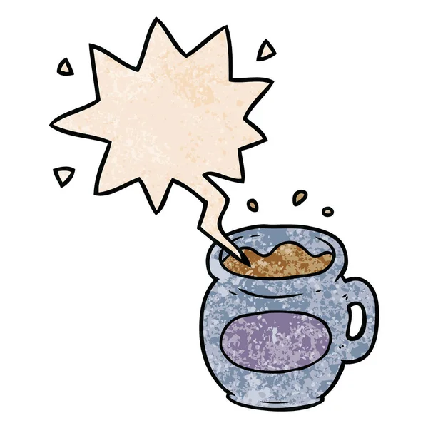 Tasse de dessin animé de café et de bulle d'expression dans le style de texture rétro — Image vectorielle