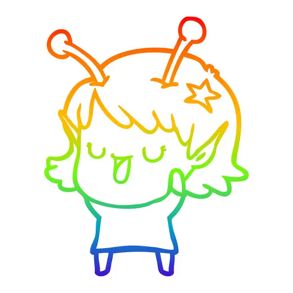 Regenboog gradiënt lijntekening gelukkig Alien meisje cartoon lachen — Stockvector