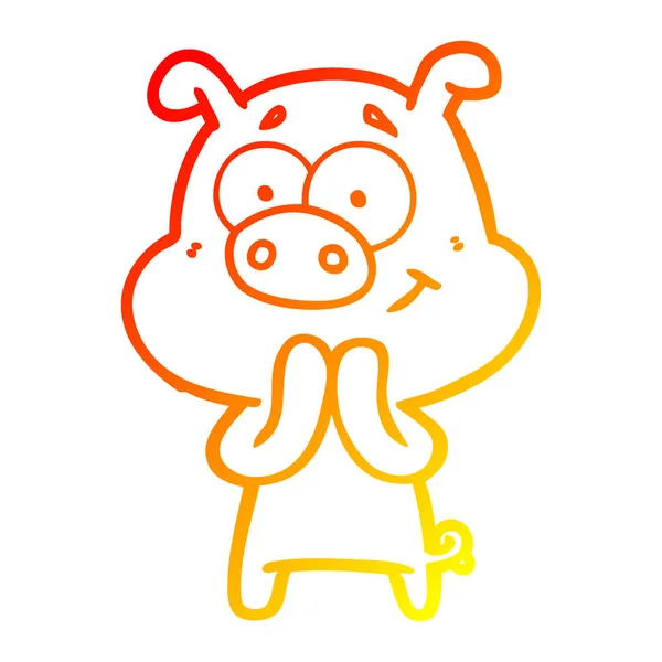 Warm gradient line drawing happy cartoon pig — Stock Vector