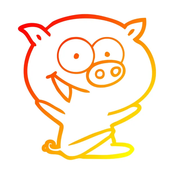 Línea de gradiente caliente dibujo alegre cerdo sentado dibujos animados — Vector de stock