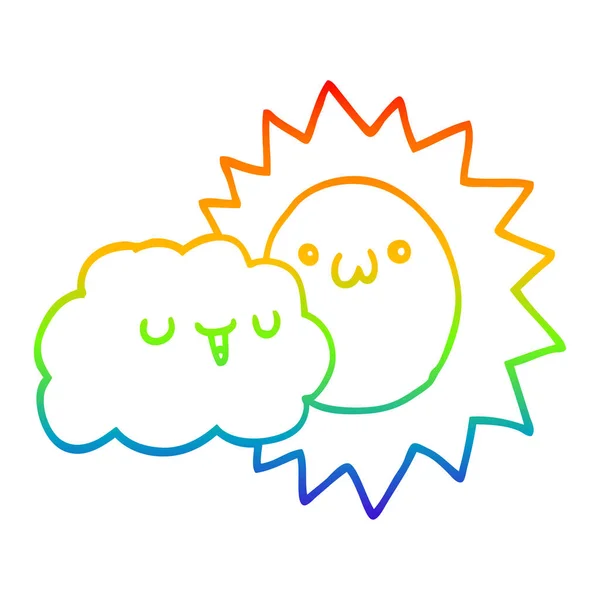 Rainbow Gradient Line Zeichnung Cartoon Sonne und Wolke — Stockvektor