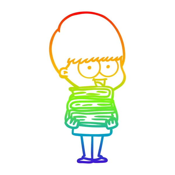 Linea gradiente arcobaleno disegno felice cartone animato ragazzo in possesso di libri — Vettoriale Stock