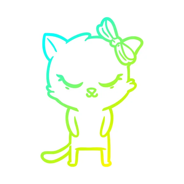 Línea de gradiente frío dibujo lindo gato de dibujos animados con arco — Vector de stock