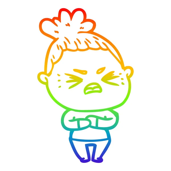 Linea gradiente arcobaleno disegno cartone animato donna arrabbiata — Vettoriale Stock