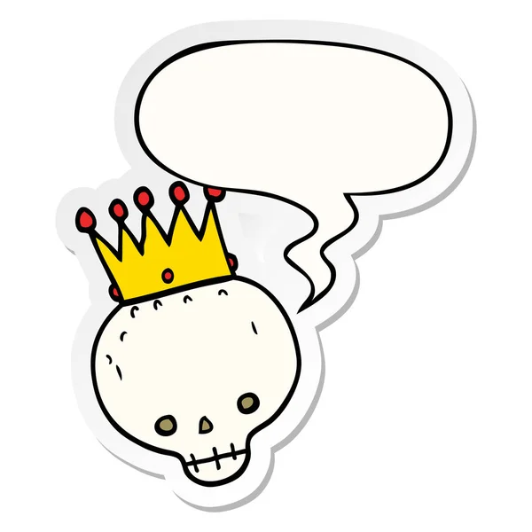 Crâne de dessin animé et couronne et bulle de parole autocollant — Image vectorielle