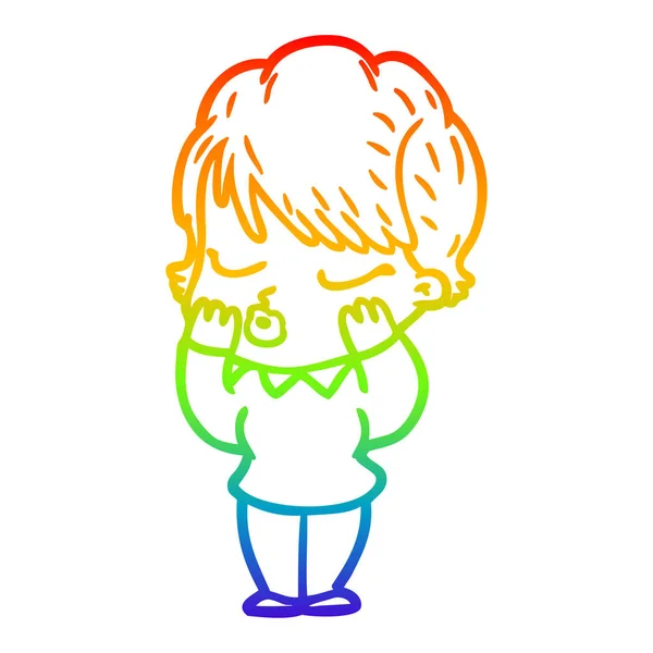 Rainbow Gradient Line Zeichnung Cartoon Frau mit geschlossenen Augen — Stockvektor