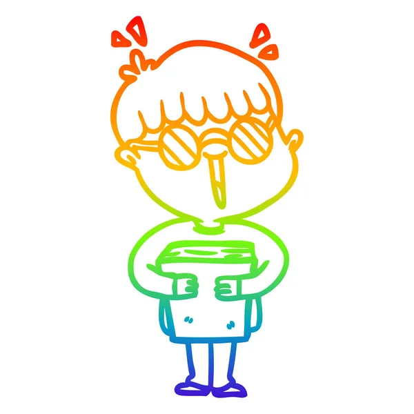 Rainbow gradient line drawing cartoon boy and book — Stock Vector