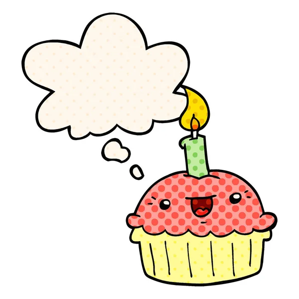 Cartone animato cupcake con candela e bolla di pensiero nel fumetto sty — Vettoriale Stock