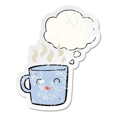 sevimli kahve fincanı karikatür ve sıkıntılı bir yıpranmış olarak kabarcık düşünce 