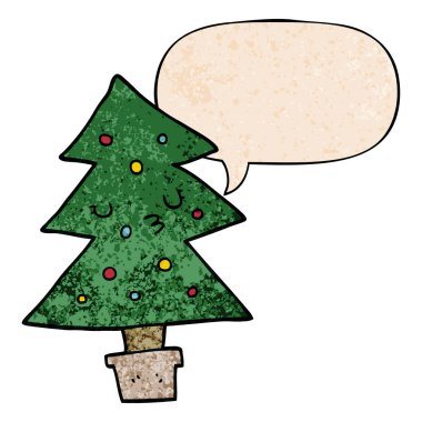 retro doku tarzında karikatür noel ağacı ve konuşma balonu