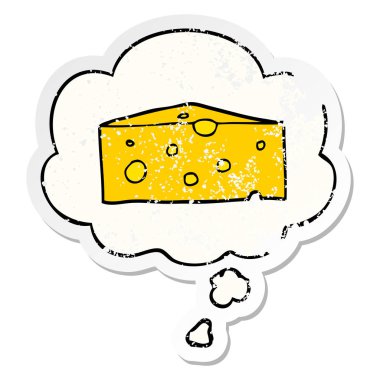 karikatür peynir ve sıkıntılı yıpranmış etiket olarak kabarcık düşünce