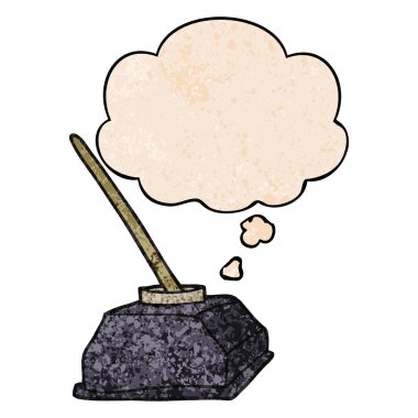 karikatür eski mürekkep pot ve kalem ve grunge doku düşünce balonu