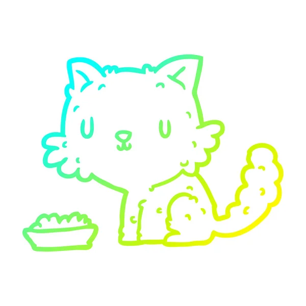 Línea de gradiente frío dibujo lindo gato de dibujos animados y alimentos — Vector de stock