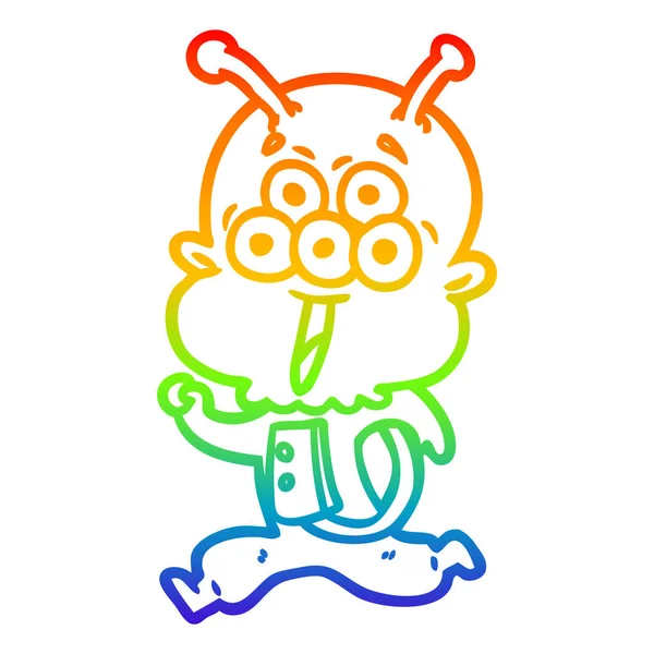 Rainbow gradient line drawing happy cartoon alien running — Stock Vector