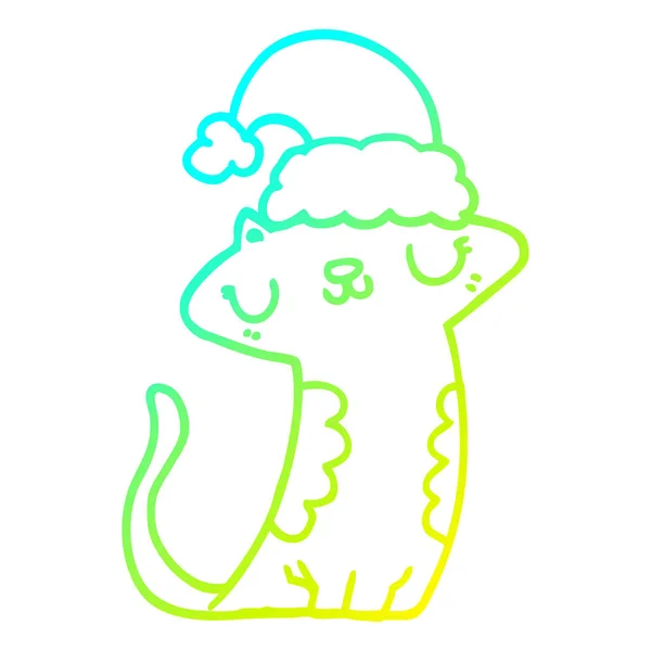 Cold gradient line drawing cute cartoon cat wearing christmas ha — Stock Vector