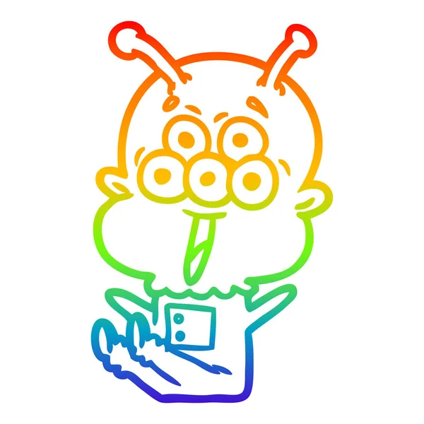 Regenboog gradiënt lijntekening gelukkig cartoon Alien — Stockvector