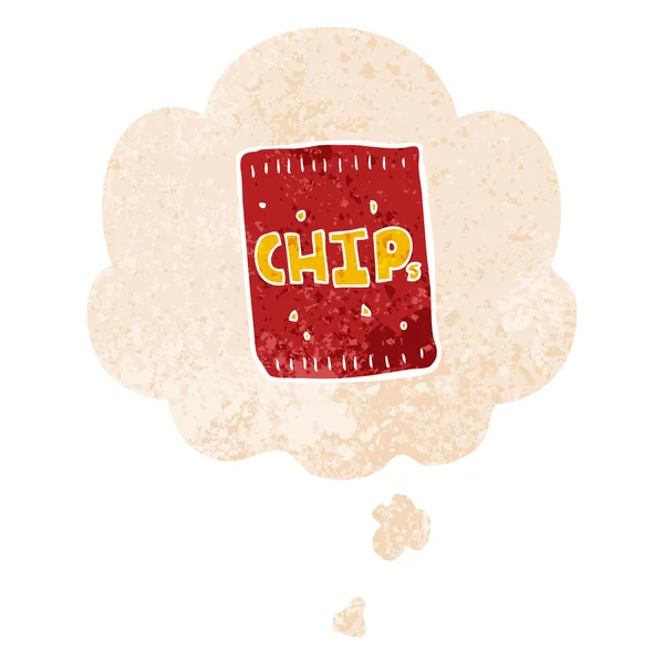 Cartoon packet of chips and thought bubble in retro textured sty — Stock Vector