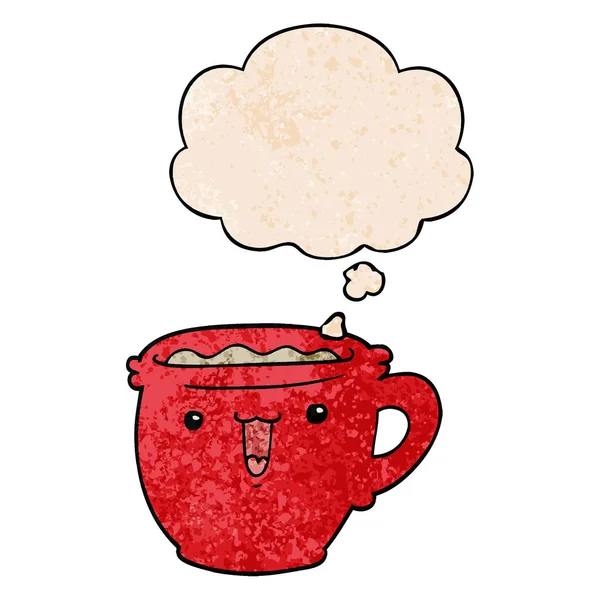 Linda taza de café de dibujos animados y burbuja de pensamiento en textura grunge palmadita — Vector de stock