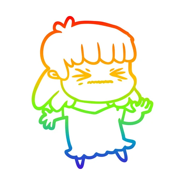 Rainbow gradient ligne dessin dessin animé fille en colère — Image vectorielle