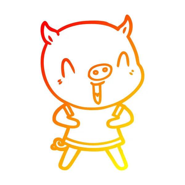 Warm gradient line drawing happy cartoon pig — Stock Vector