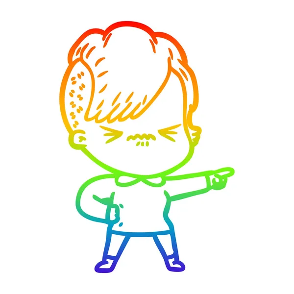 Rainbow gradient linje ritning Cartoon irriterad hipster flicka — Stock vektor