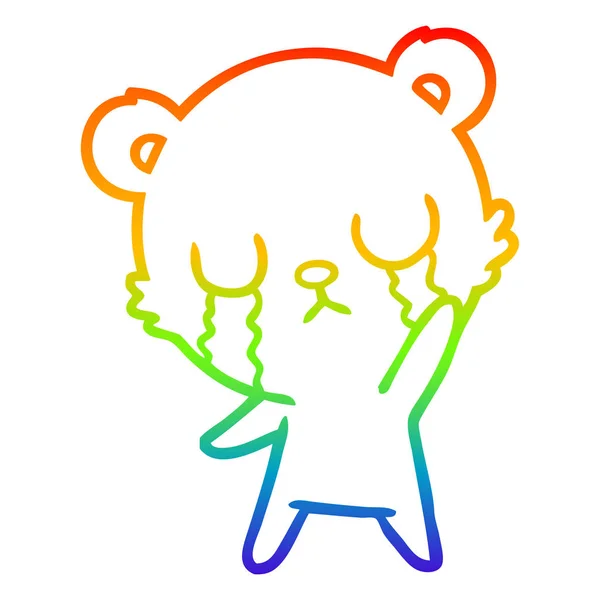 Rainbow gradient line drawing crying cartoon bear waving — Stock Vector