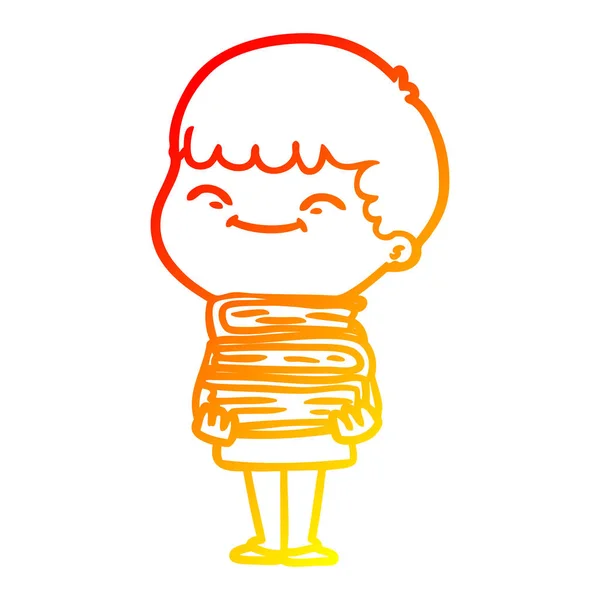 Warme Gradientenlinie Zeichnung Cartoon glücklicher Junge mit Büchern — Stockvektor