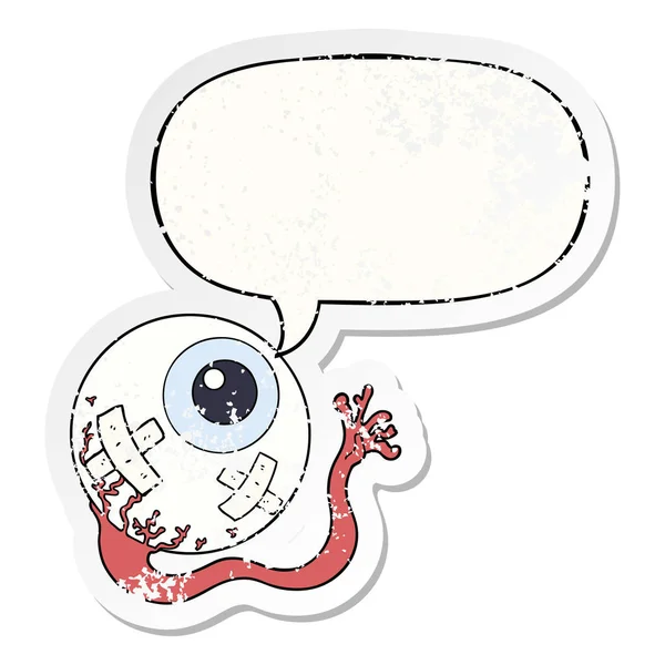 Karikatür yaralı göz küresi ve konuşma balonu sıkıntılı etiket — Stok Vektör