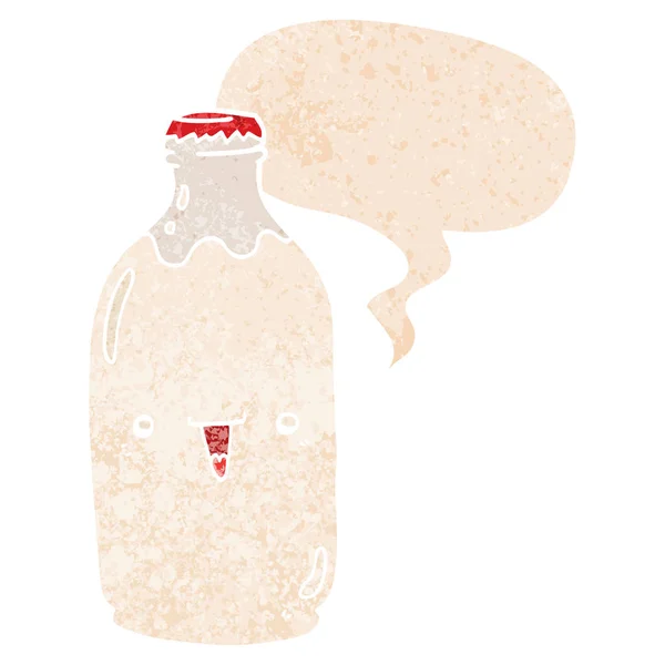 Bonito cartoon leite garrafa e fala bolha no retro texturizado pocilga — Vetor de Stock