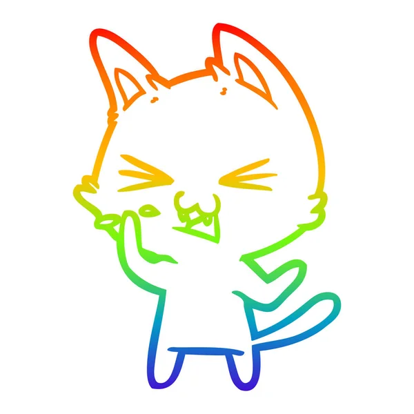 Rainbow gradient line drawing cartoon cat hissing — Stock Vector