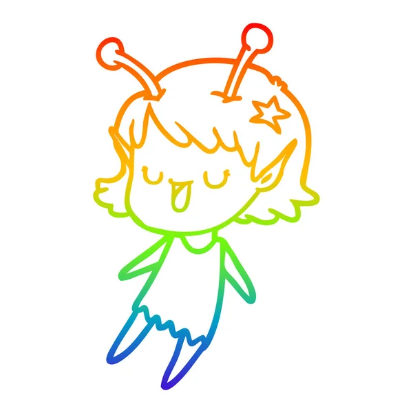 Linea gradiente arcobaleno disegno felice ragazza aliena cartone animato — Vettoriale Stock