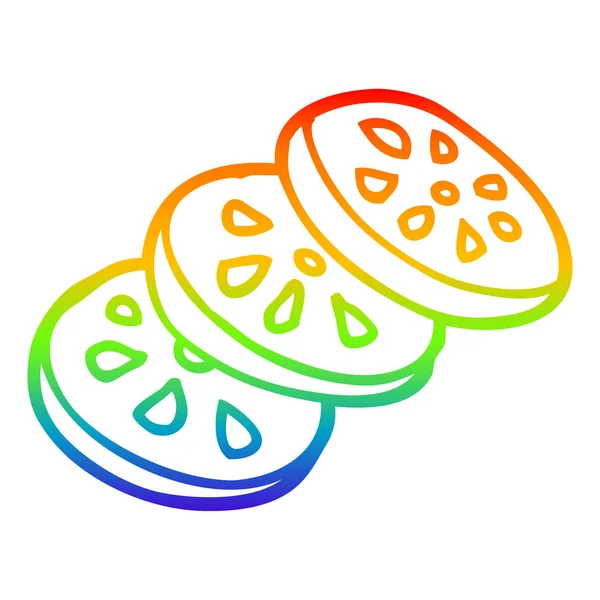 Línea de gradiente arco iris dibujo dibujos animados en rodajas de tomate — Vector de stock