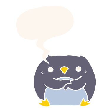 retro tarzında karikatür penguen ve konuşma balonu