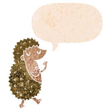 retro dokulu tarzda karikatür kirpi ve konuşma balonu