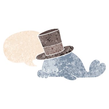 Retro dokulu tarzı sevimli karikatür yunus ve konuşma balonu