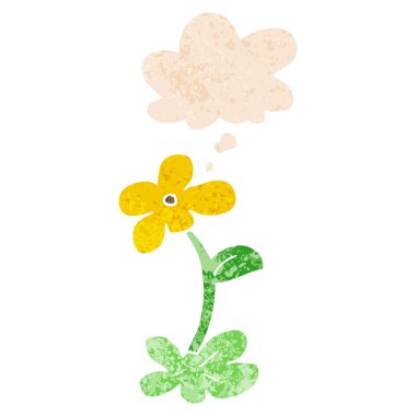 retro dokulu tarzında karikatür çiçek ve düşünce balonu