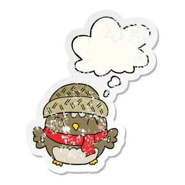 şapka sevimli karikatür baykuş ve sıkıntılı yıpranmış olarak kabarcık düşünce 