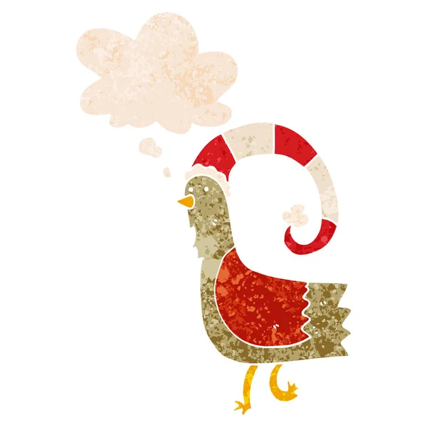 Pollo cartone animato in divertente cappello di Natale e bolla di pensiero in ret — Vettoriale Stock