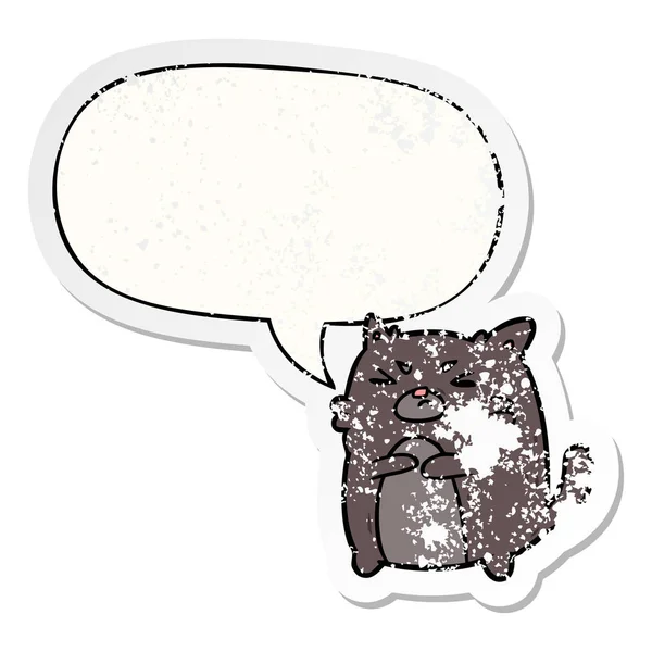 Karikatür kızgın kedi ve konuşma balonu sıkıntılı etiket — Stok Vektör