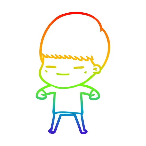 Rainbow gradient line drawing cartoon smug boy — Stock Vector