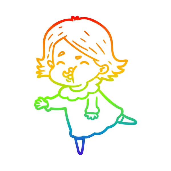 Rainbow gradient line drawing cartoon girl pulling face — Stock Vector