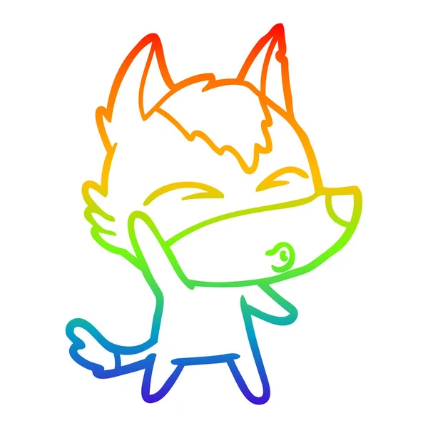 Regenboog gradiënt lijntekening cartoon zwaaiende Wolf fluiten — Stockvector