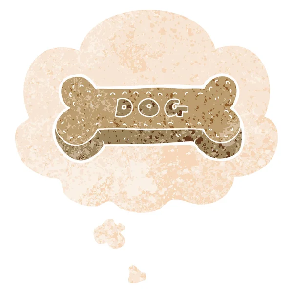 Cartone animato cane biscotto e bolla pensiero in stile retrò testurizzato — Vettoriale Stock