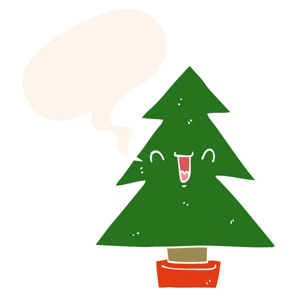 Cartoon árvore de natal e bolha de fala em estilo retro — Vetor de Stock