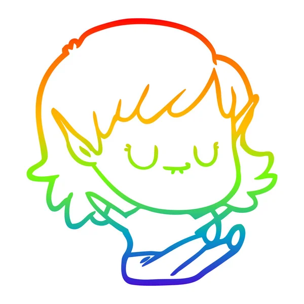 Arco iris gradiente línea dibujo feliz dibujos animados elfo chica sentado — Vector de stock